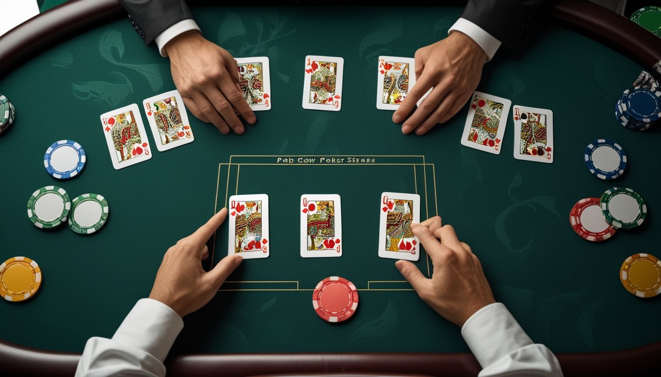 Kartu Pai Gow Poker tersusun menjadi tangan lima kartu dan tangan dua kartu di atas meja kasino.