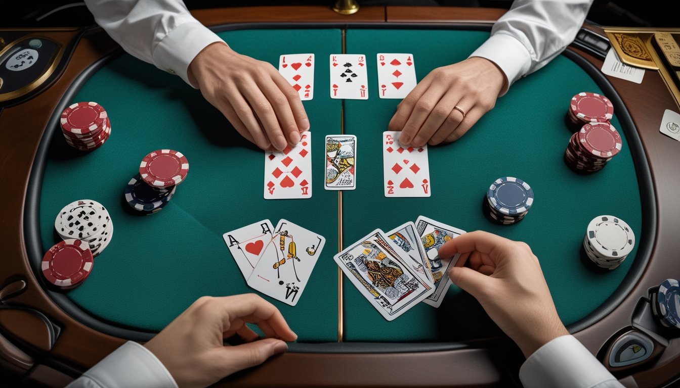 Kartu Pai Gow Poker tersusun menjadi tangan belakang dan tangan depan di atas meja kasino.