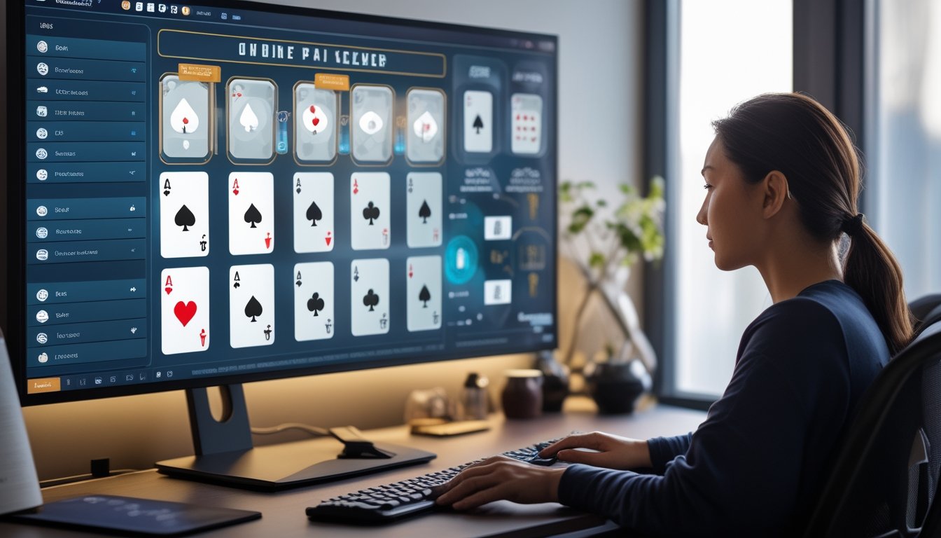 Seseorang mempelajari permainan kartu Pai Gow Poker online di depan komputer dengan kartu dan keping poker di meja.