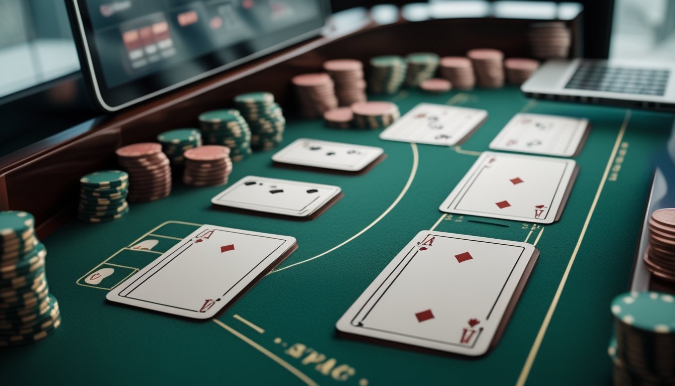 Meja permainan dengan kartu Pai Gow Poker yang tersusun menjadi satu tangan lima kartu dan satu tangan dua kartu.
