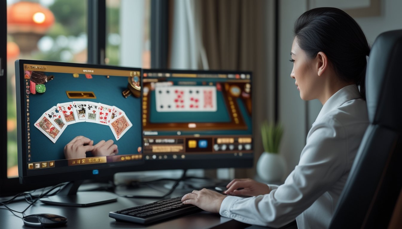 Pemain menikmati permainan Pai Gow Poker online dengan dealer langsung melalui komputer di rumah.