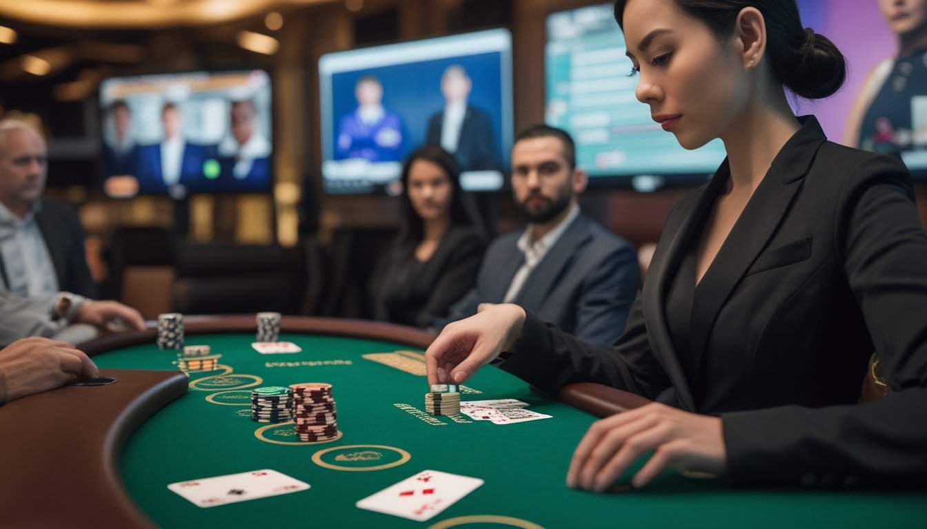 Dealer memimpin permainan Pai Gow Poker di meja kasino dengan pemain yang terhubung secara online.