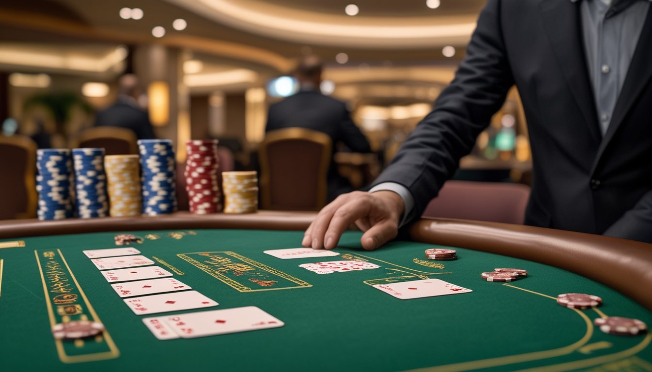Seorang pemain dengan cermat menata kartu dan memasang taruhan kecil di meja Pai Gow Poker, dengan dealer di latar belakang.