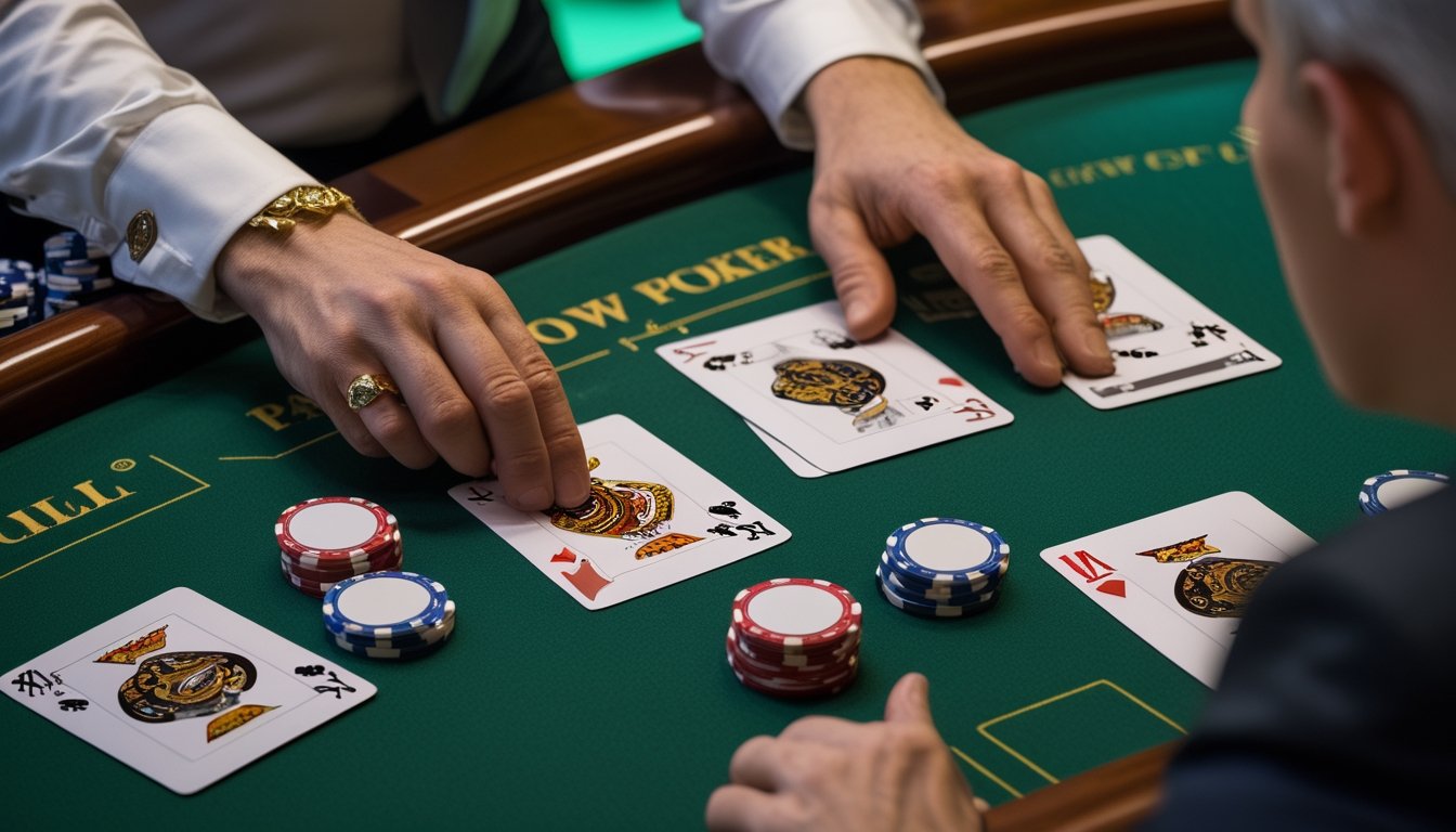 Pemain mempelajari kartu Pai Gow Poker dan susunan keping taruhan di meja kasino.