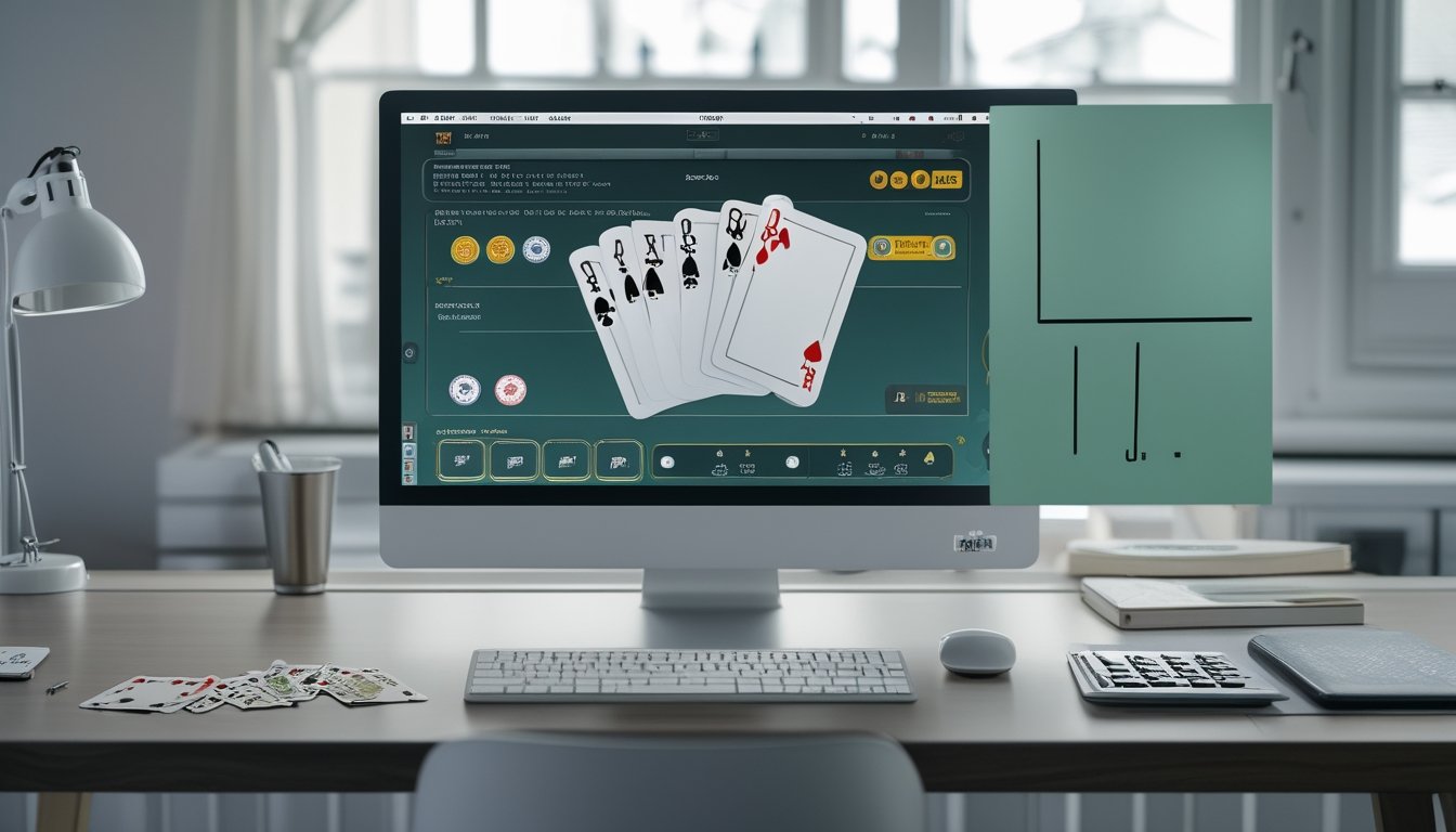 Meja kerja rapi dengan laptop, kartu permainan, keping poker, kalkulator, dan buku catatan untuk mengatur bankroll.