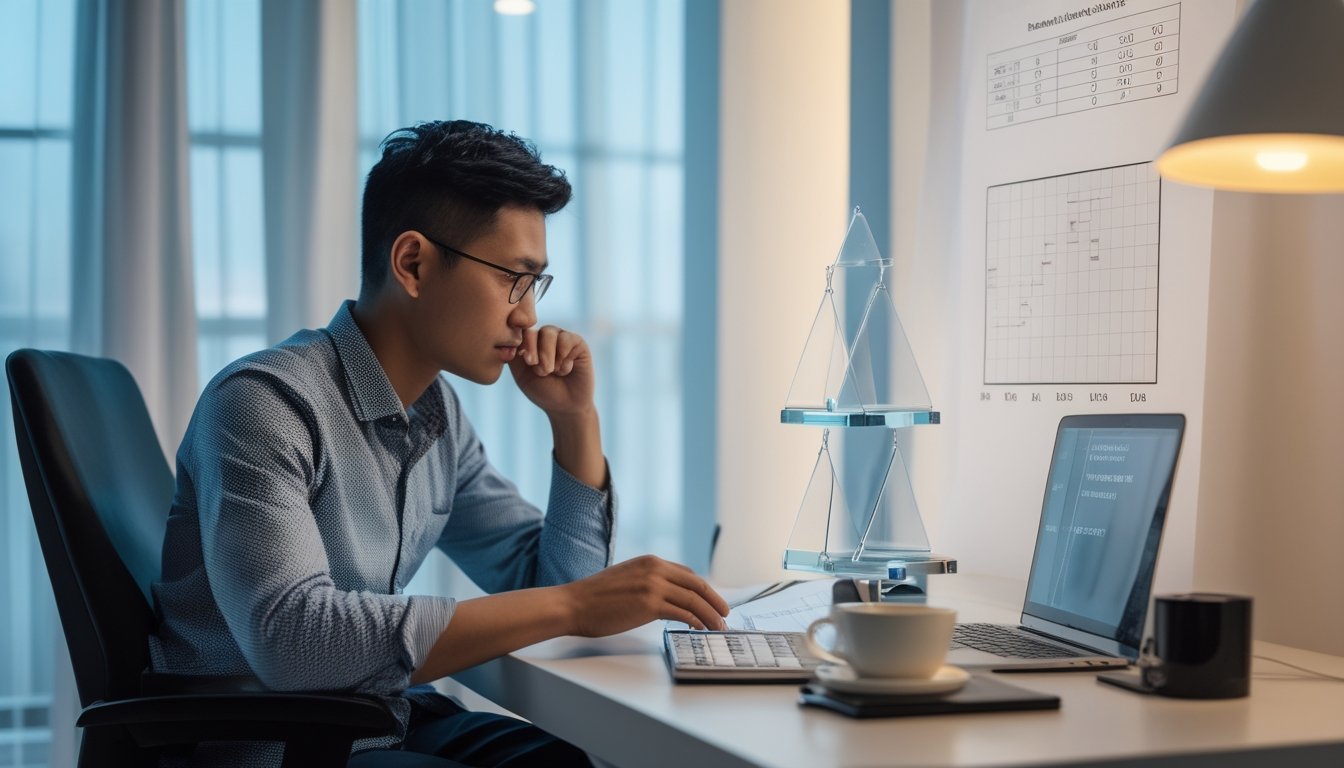 Orang dewasa sedang menganalisis data dan peluang secara hati-hati di meja kerja dengan laptop, catatan, dan kalkulator.