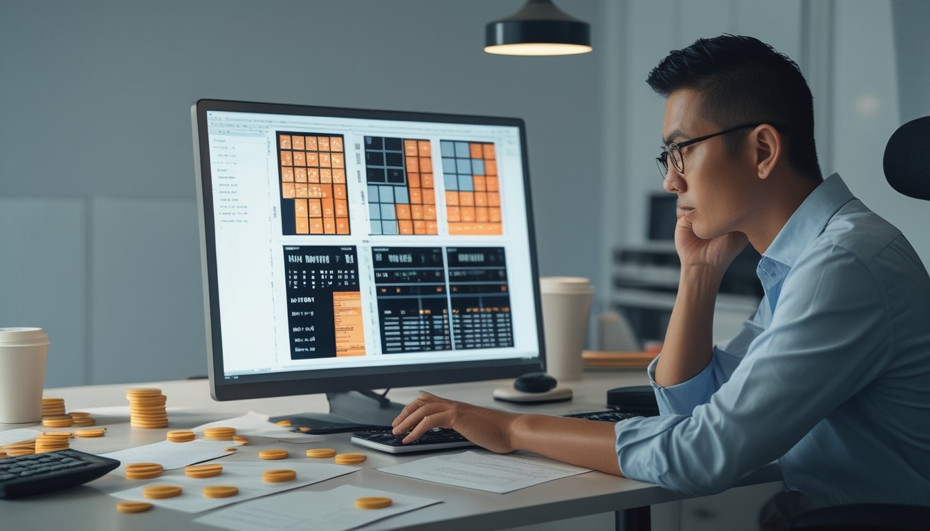 Seorang analis memeriksa pola data abstrak di laptop dengan kertas dan kalkulator di meja, menggambarkan ketidakpastian prediksi.