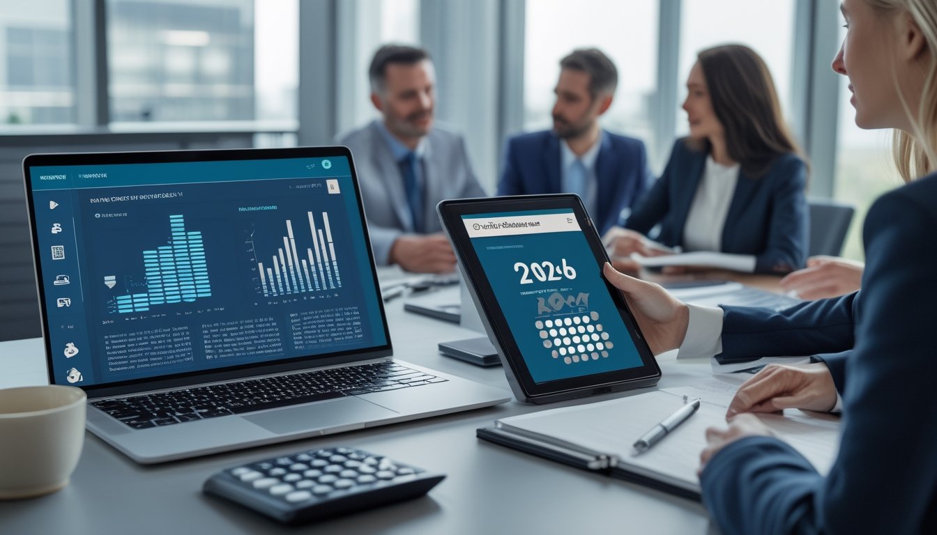 Profesional sedang menganalisis data numerik pada laptop dan tablet di meja kerja modern.