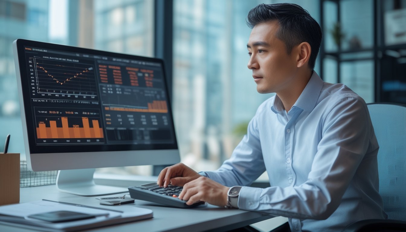 Seorang analis meninjau grafik probabilitas dan berbagai hasil prediksi di meja kerja.