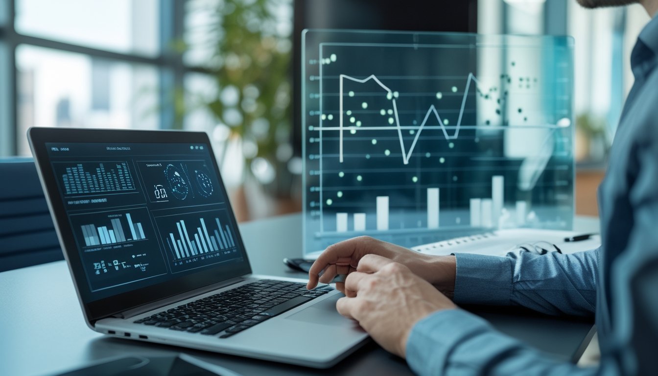 Analis mempelajari grafik data dan pola probabilitas di meja kerja modern.
