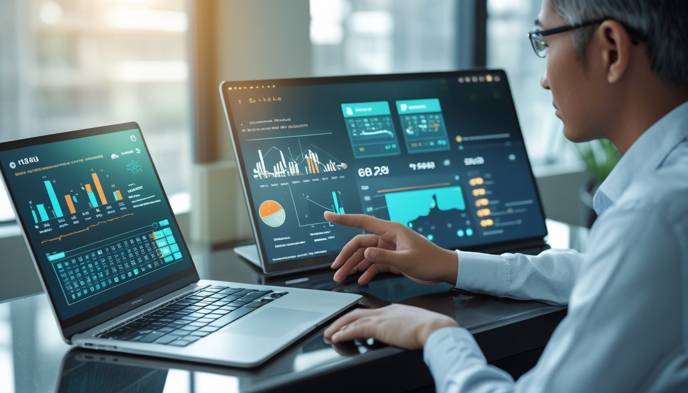 Seorang profesional menganalisis visualisasi angka dan grafik pada perangkat digital di meja kerja modern.