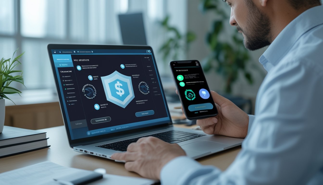 Seorang analis meninjau keamanan dan kepatuhan platform digital pada laptop di ruang kerja modern.