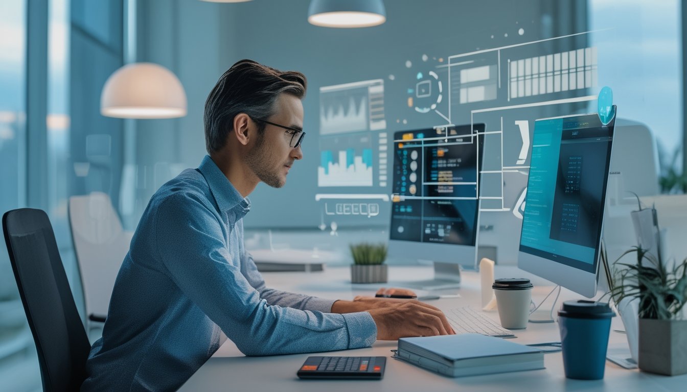 Seorang analis meninjau grafik statistik dan pola prediksi di meja kerja dengan laptop dan kalkulator.