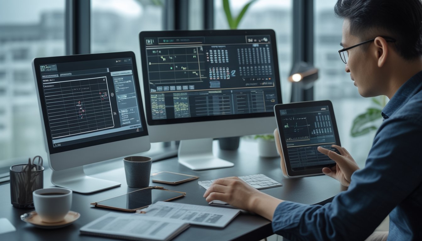 Seorang analis mempelajari grafik probabilitas dan data numerik di ruang kerja modern.
