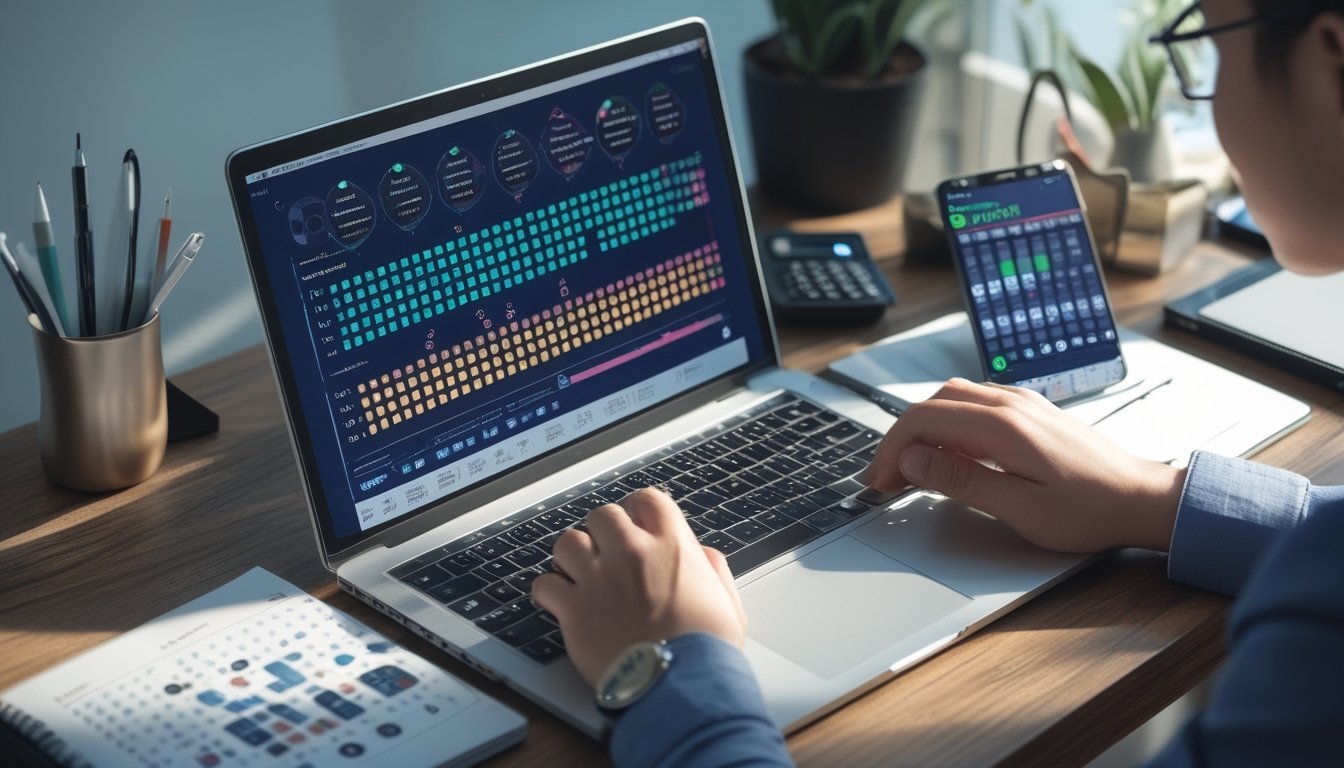 Seorang profesional menganalisis data angka dan grafik di meja kerja dengan laptop, kalkulator, dan buku catatan.
