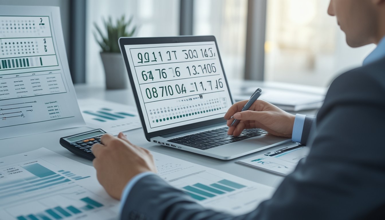 Seorang analis memeriksa perhitungan probabilitas empat digit dengan kalkulator, grafik, dan laptop di meja kerja.