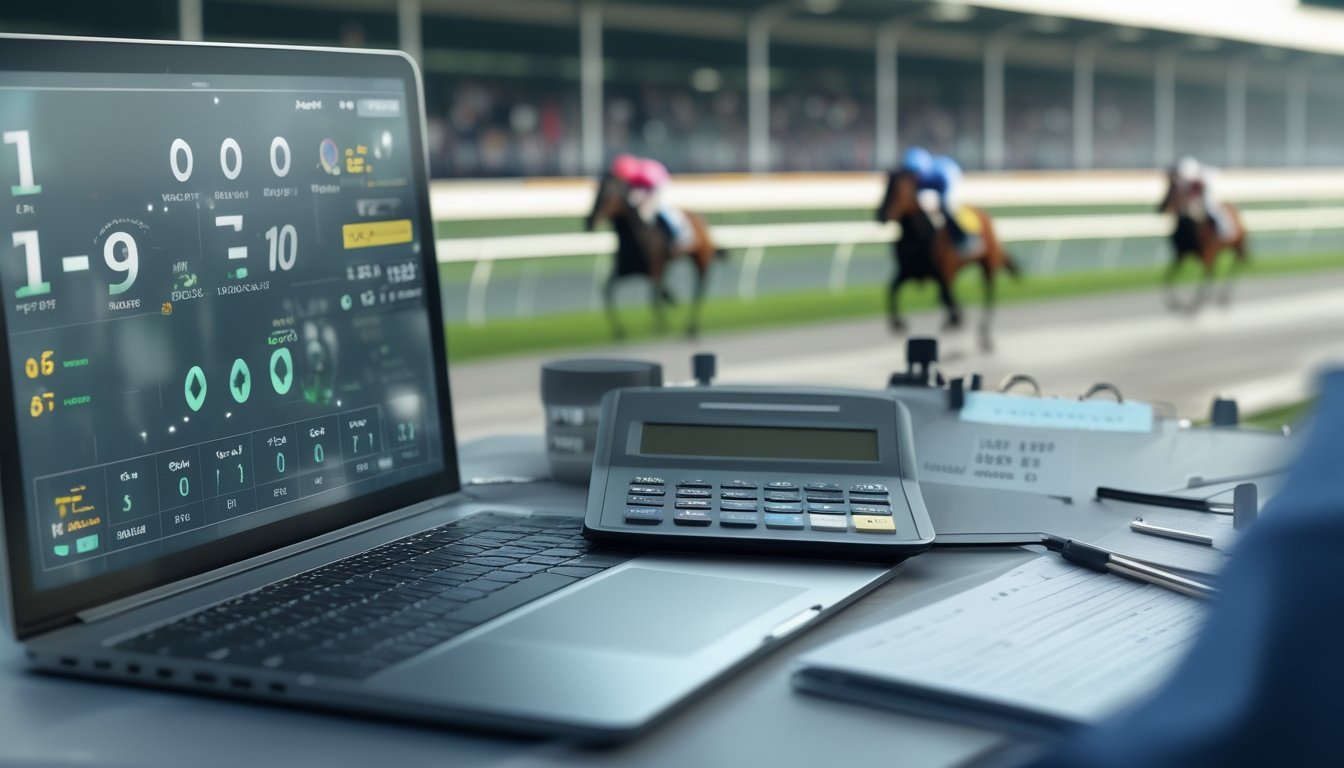 Meja analisis dengan kalkulator, perangkat digital, dan catatan kosong di depan arena pacuan kuda yang tampak buram.