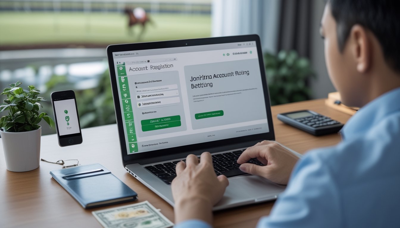 Seseorang memeriksa proses pendaftaran akun online di laptop dengan kartu identitas, ponsel, kalkulator, dan uang rupiah di meja.