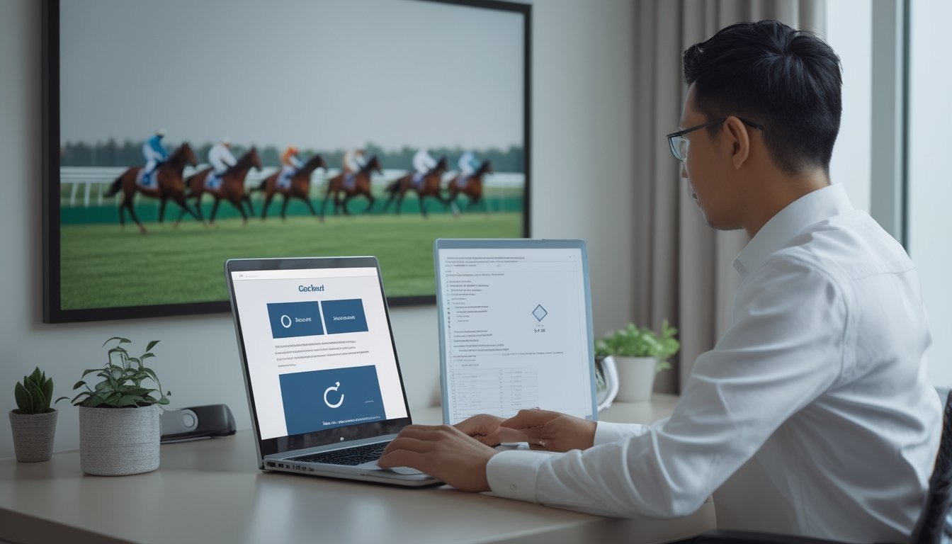 Seorang profesional memeriksa platform pacuan kuda online di laptop dengan simbol verifikasi dan foto kuda balap di latar belakang.