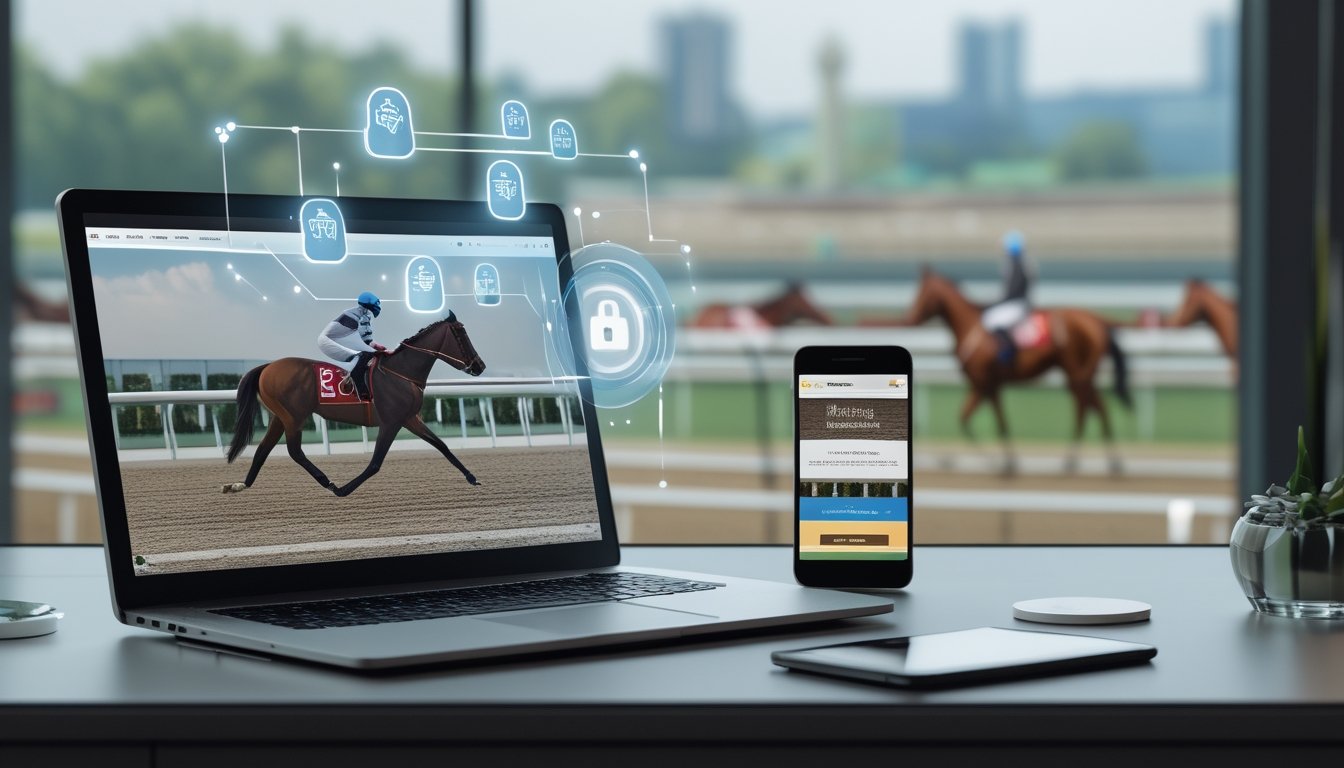 Laptop dan ponsel menampilkan suasana pacuan kuda dengan simbol keamanan digital di meja modern.
