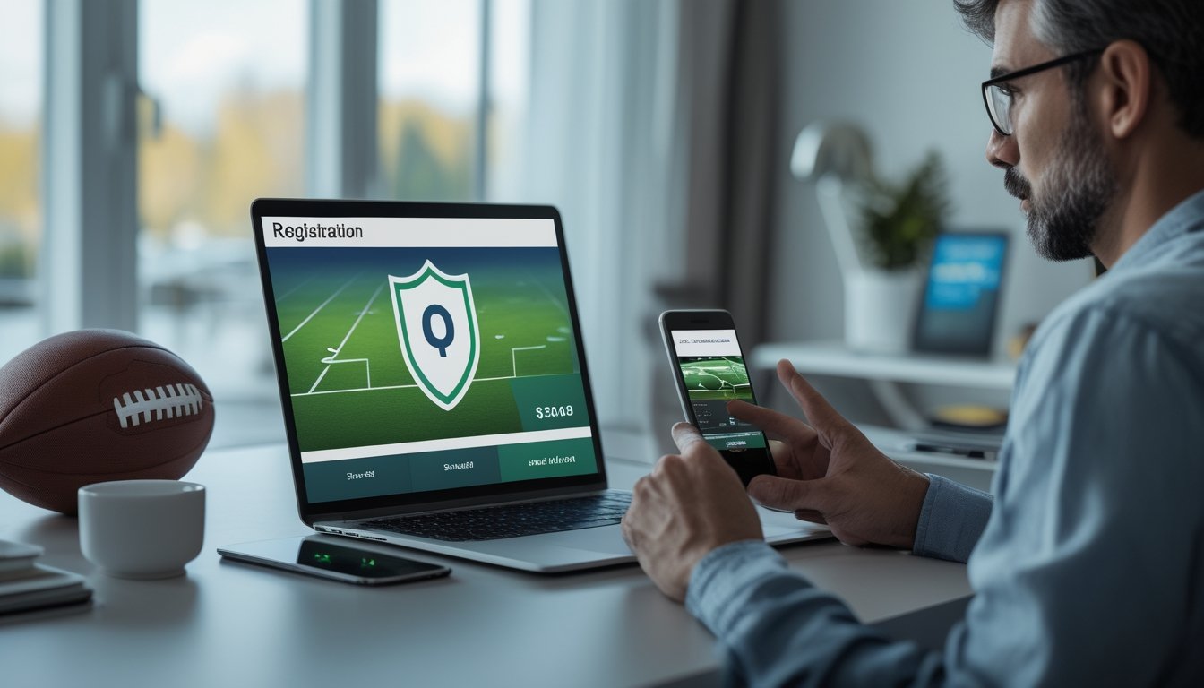 Orang dewasa menggunakan laptop dan ponsel untuk proses pendaftaran platform olahraga online dengan simbol keamanan.