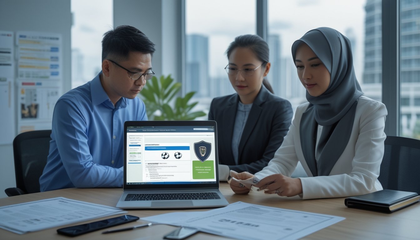 Dua profesional Indonesia meninjau informasi regulasi dan keamanan situs olahraga melalui laptop di ruang kerja.