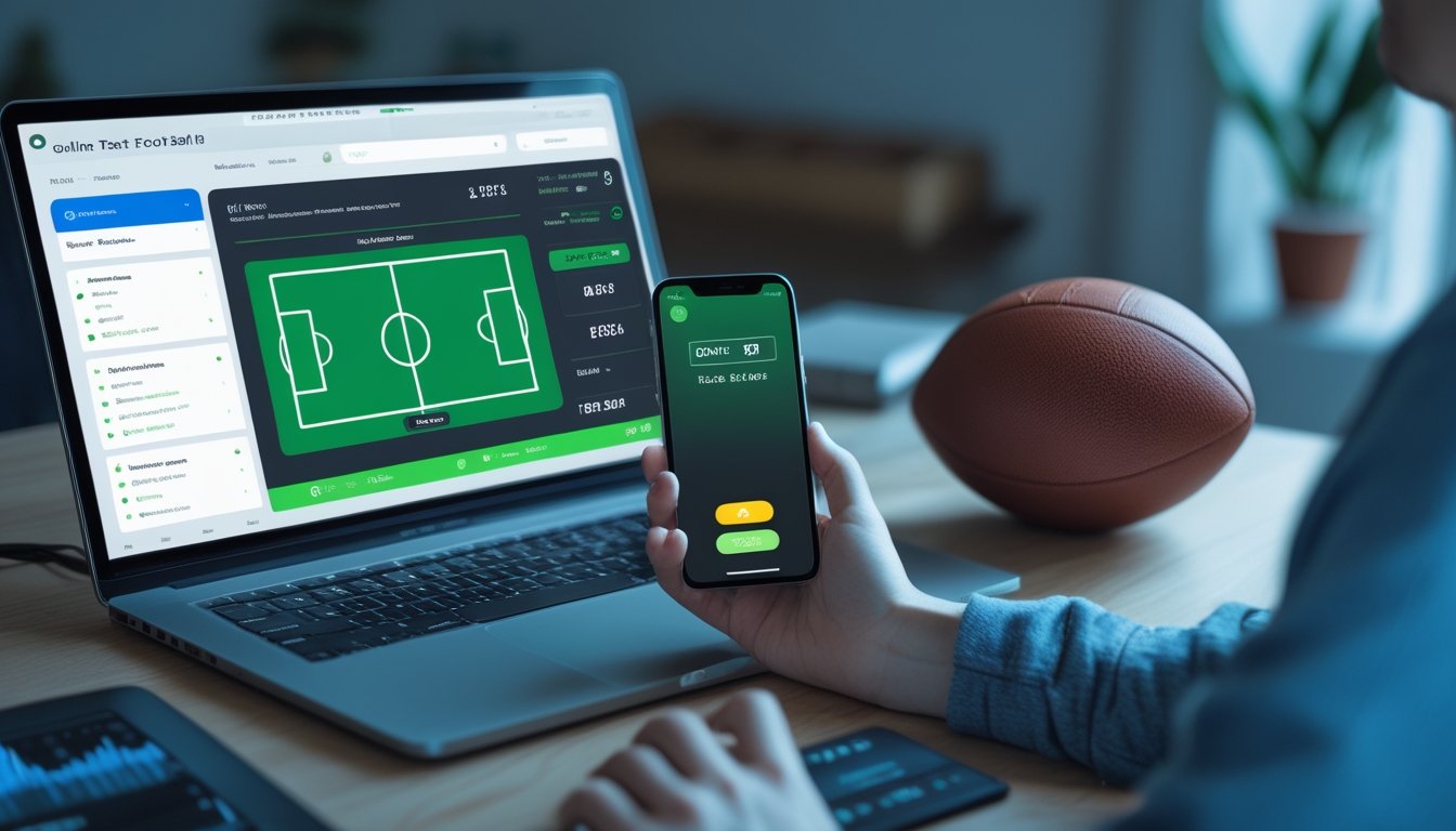 Meja kerja modern dengan ponsel, laptop, bola sepak, dan simbol pembayaran digital.