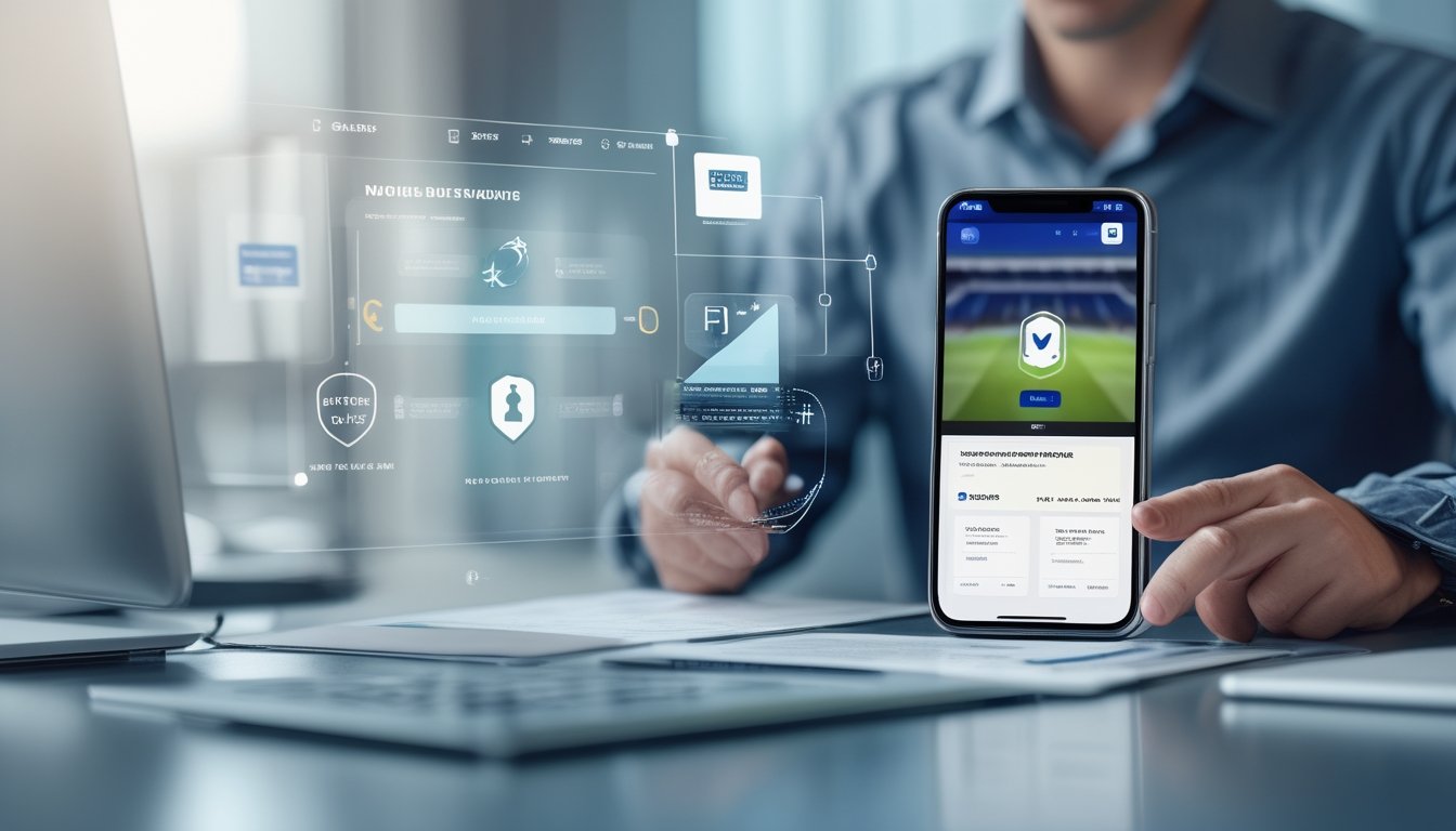 Seseorang memeriksa layanan taruhan olahraga melalui ponsel dengan simbol keamanan digital dan pembayaran aman di meja kerja.