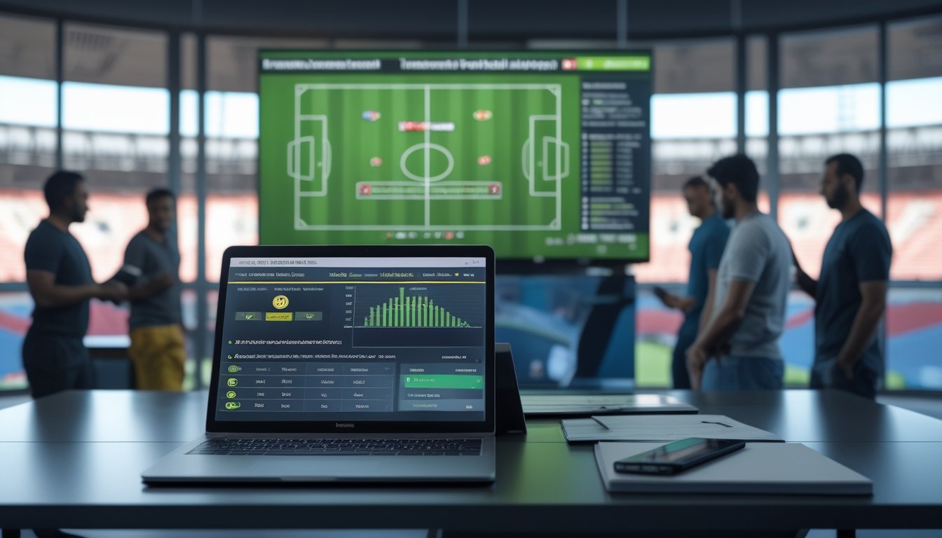 Sekelompok orang dewasa menganalisis statistik pertandingan sepak bola di ruang kerja modern dengan layar pertandingan di latar belakang.