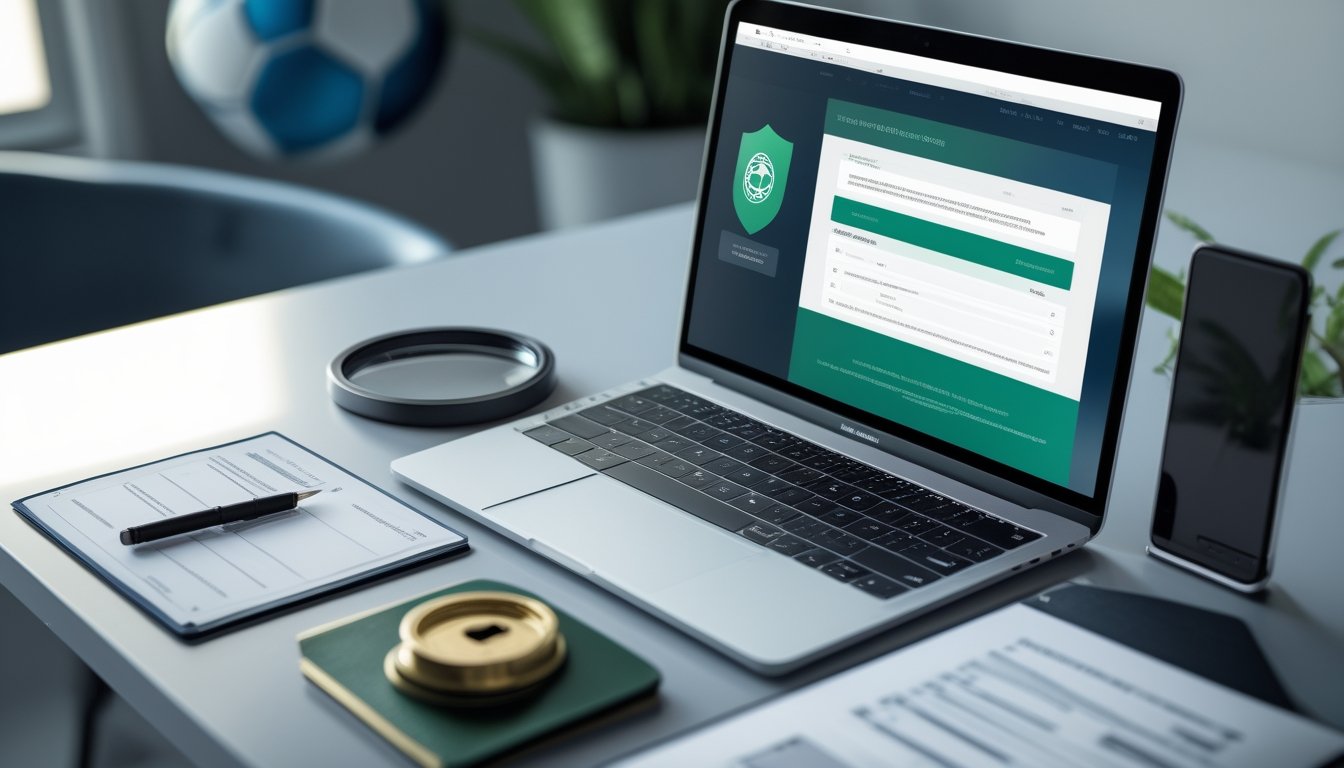 Laptop, dokumen kosong, gembok, dan bola sepak di atas meja untuk menggambarkan pemeriksaan keamanan situs taruhan.