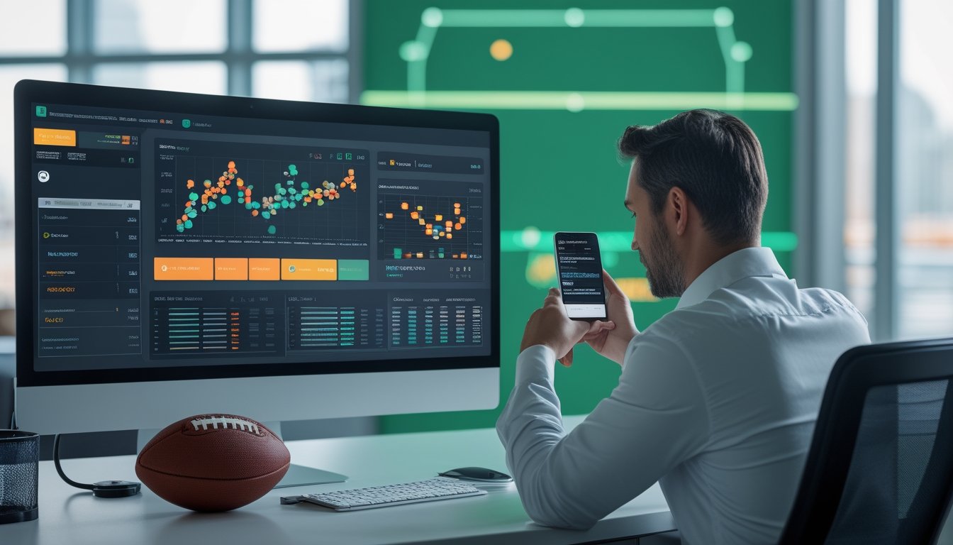 Seseorang menganalisis statistik pertandingan sepak bola di meja kerja dengan monitor, ponsel, dan bola.