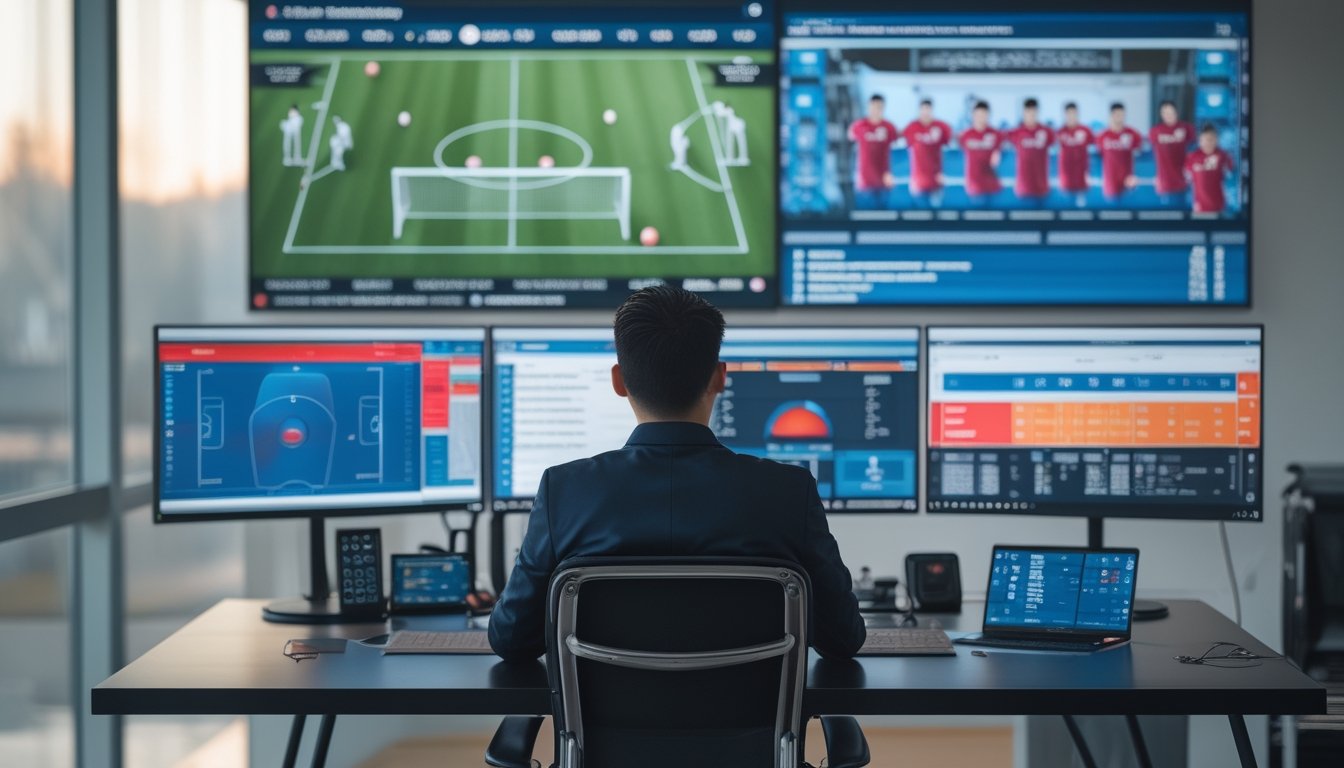 Analis olahraga membandingkan strategi dua tim sepak bola di ruang kerja modern.