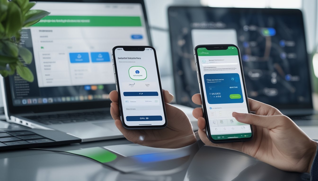 Ponsel dan laptop menampilkan antarmuka pembayaran digital secara abstrak di meja kerja modern.