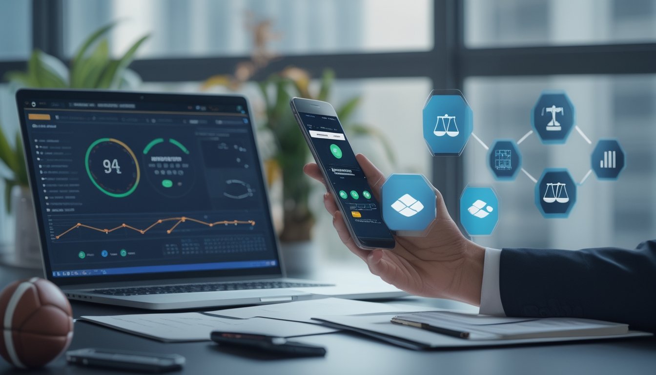 Meja kerja modern dengan laptop berisi analisis pertandingan sepak bola, ponsel dengan tampilan pembayaran digital, dokumen kosong, dan simbol kepatuhan.