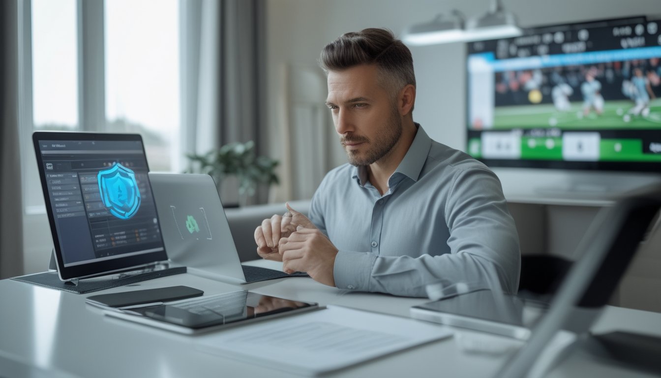 Penggemar sepak bola dewasa meninjau statistik pertandingan di laptop dalam ruang kerja modern dengan simbol keamanan dan verifikasi.