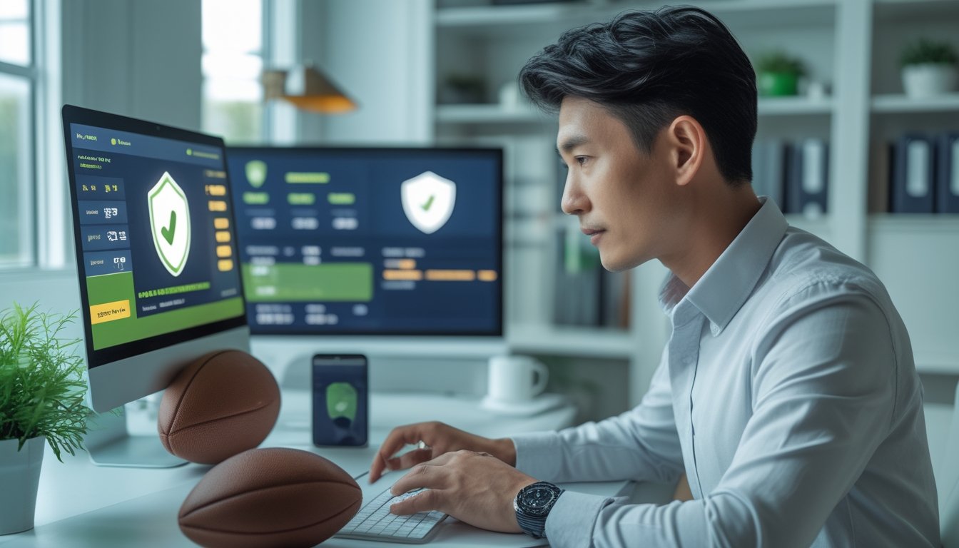 Seorang dewasa meninjau informasi pertandingan sepak bola di laptop dengan simbol keamanan dan perlindungan akun.