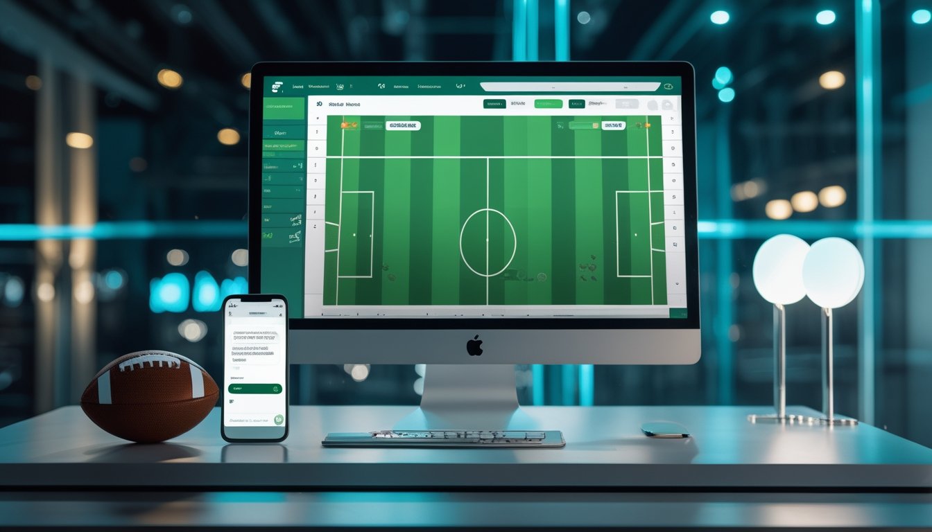 Meja kerja modern dengan monitor yang menampilkan antarmuka pertandingan sepak bola dan ponsel dengan tampilan layanan obrolan.