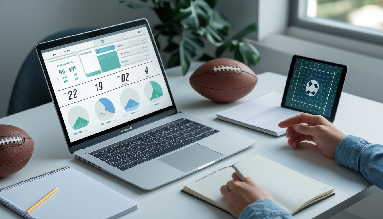 Seseorang mempelajari analisis pertandingan sepak bola di meja dengan laptop, bola, dan buku catatan.