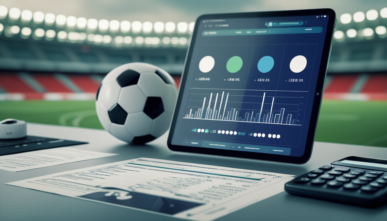 Meja analisis dengan bola sepak, statistik pertandingan, kalkulator, dan tablet di depan stadion sepak bola.