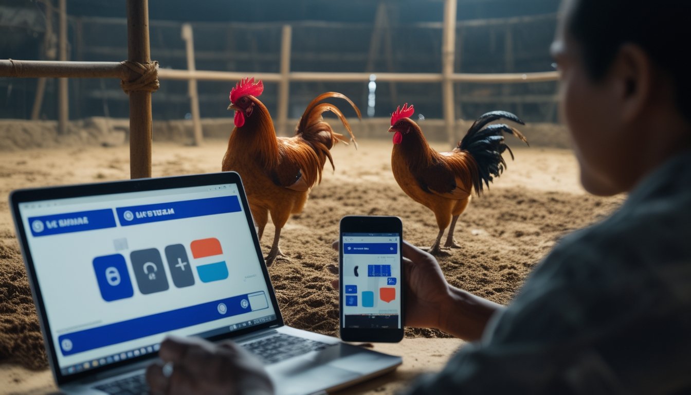Dua ayam jantan berada di arena dengan ponsel dan laptop yang menampilkan siaran langsung.