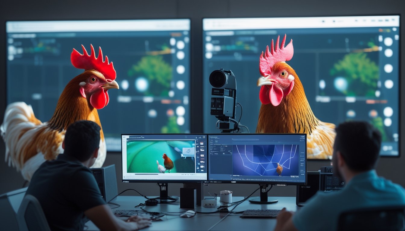 Tim produksi memantau siaran langsung ayam jantan sehat di lingkungan luar yang bersih melalui beberapa layar.