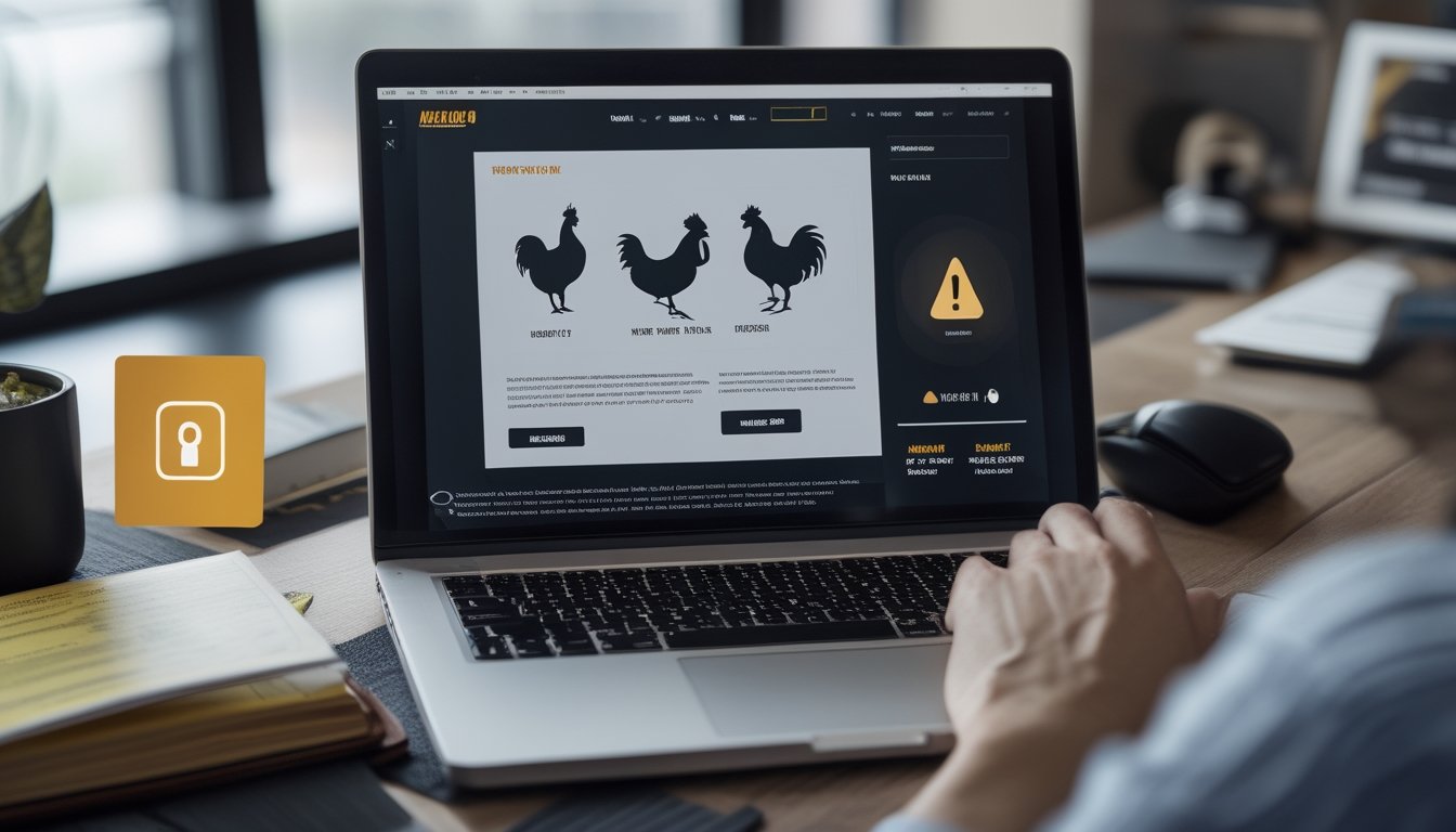Seorang pengguna tampak khawatir melihat siaran sabung ayam daring di laptop dengan simbol keamanan dan peringatan di sekitarnya.