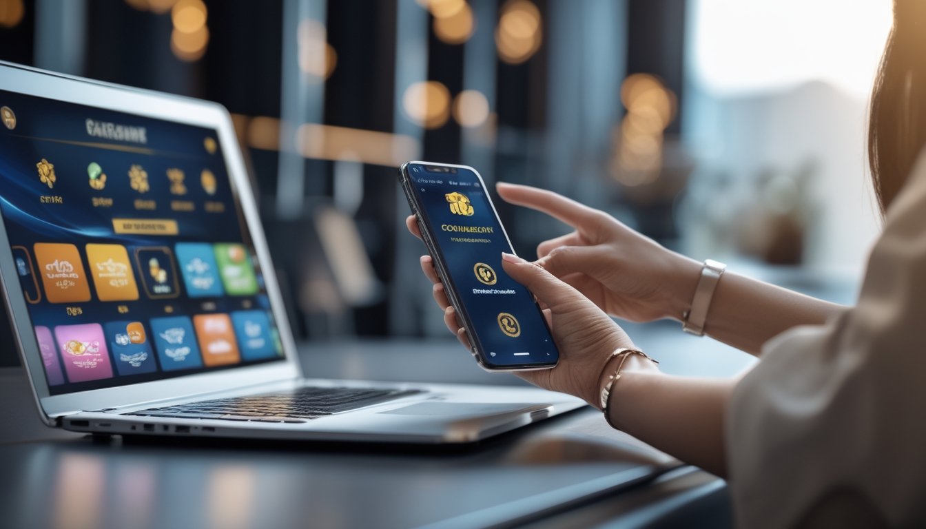 Orang dewasa menggunakan ponsel dan laptop untuk mengakses hiburan digital dengan pembayaran dompet elektronik.