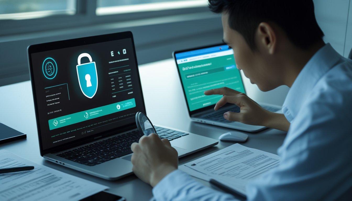 Seseorang memeriksa laptop dan ponsel dengan simbol keamanan serta dokumen verifikasi di atas meja.