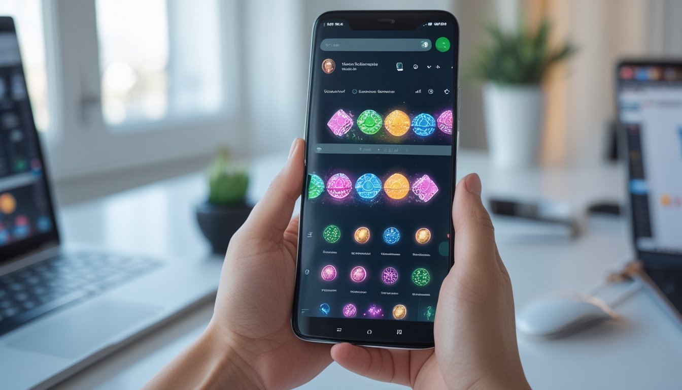 Seseorang menggunakan ponsel Android dengan tampilan permainan digital berwarna-warni di ruangan modern.