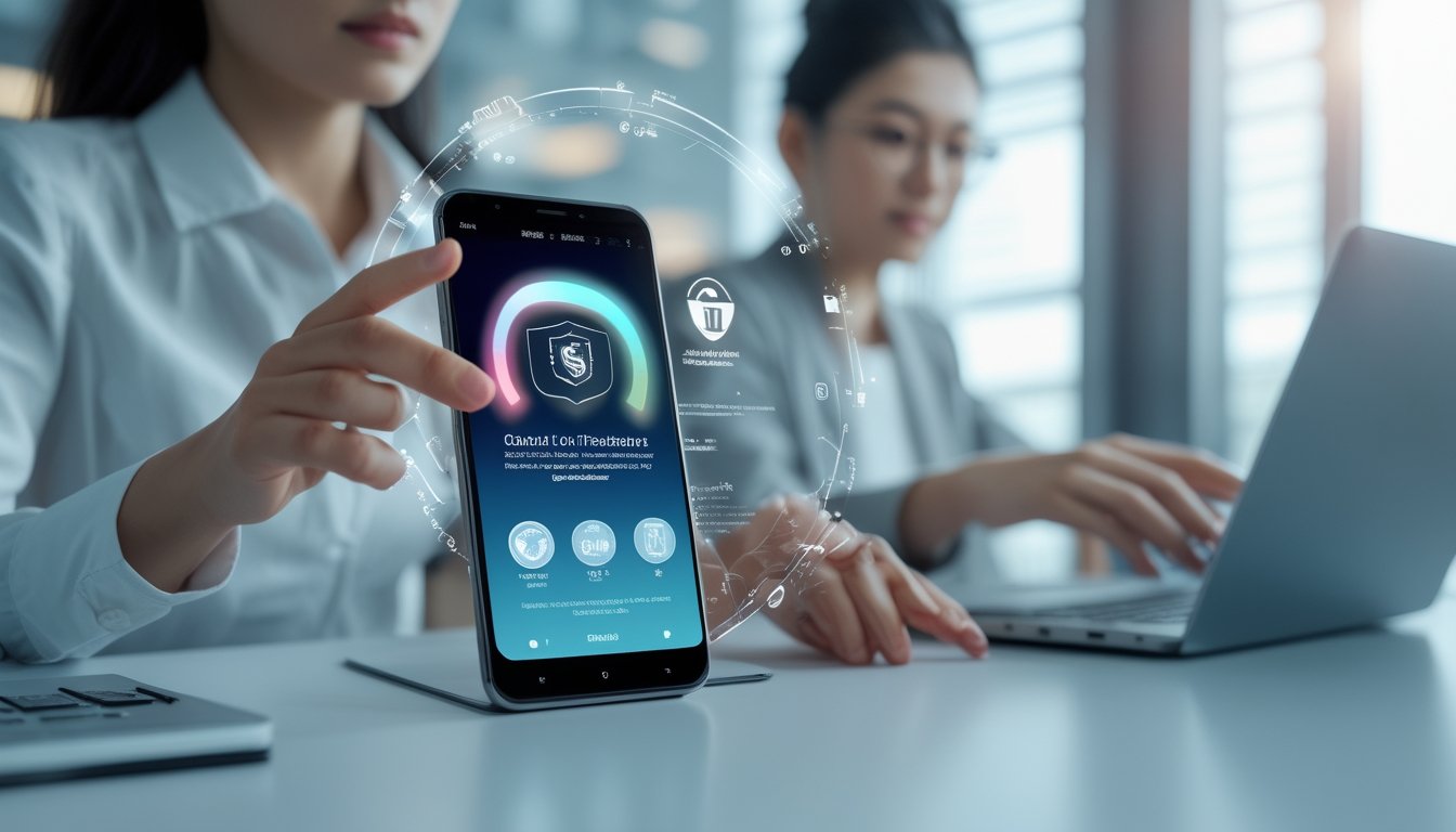 Seseorang memeriksa keamanan platform permainan seluler pada ponsel Android dengan simbol perisai dan gembok.