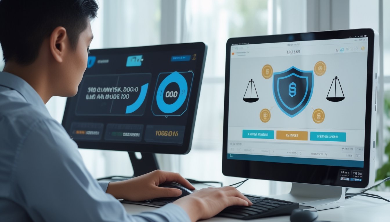 Orang dewasa melihat permainan slot daring di laptop dengan simbol keamanan dan keadilan di ruang kerja.