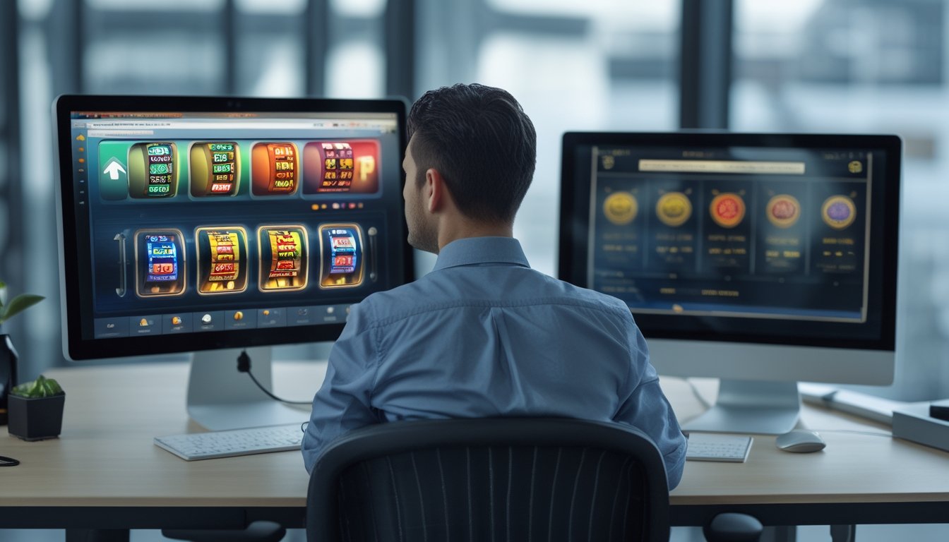 Seseorang membandingkan dua layar komputer yang menampilkan situs permainan slot dengan tingkat keamanan dan kredibilitas yang berbeda.