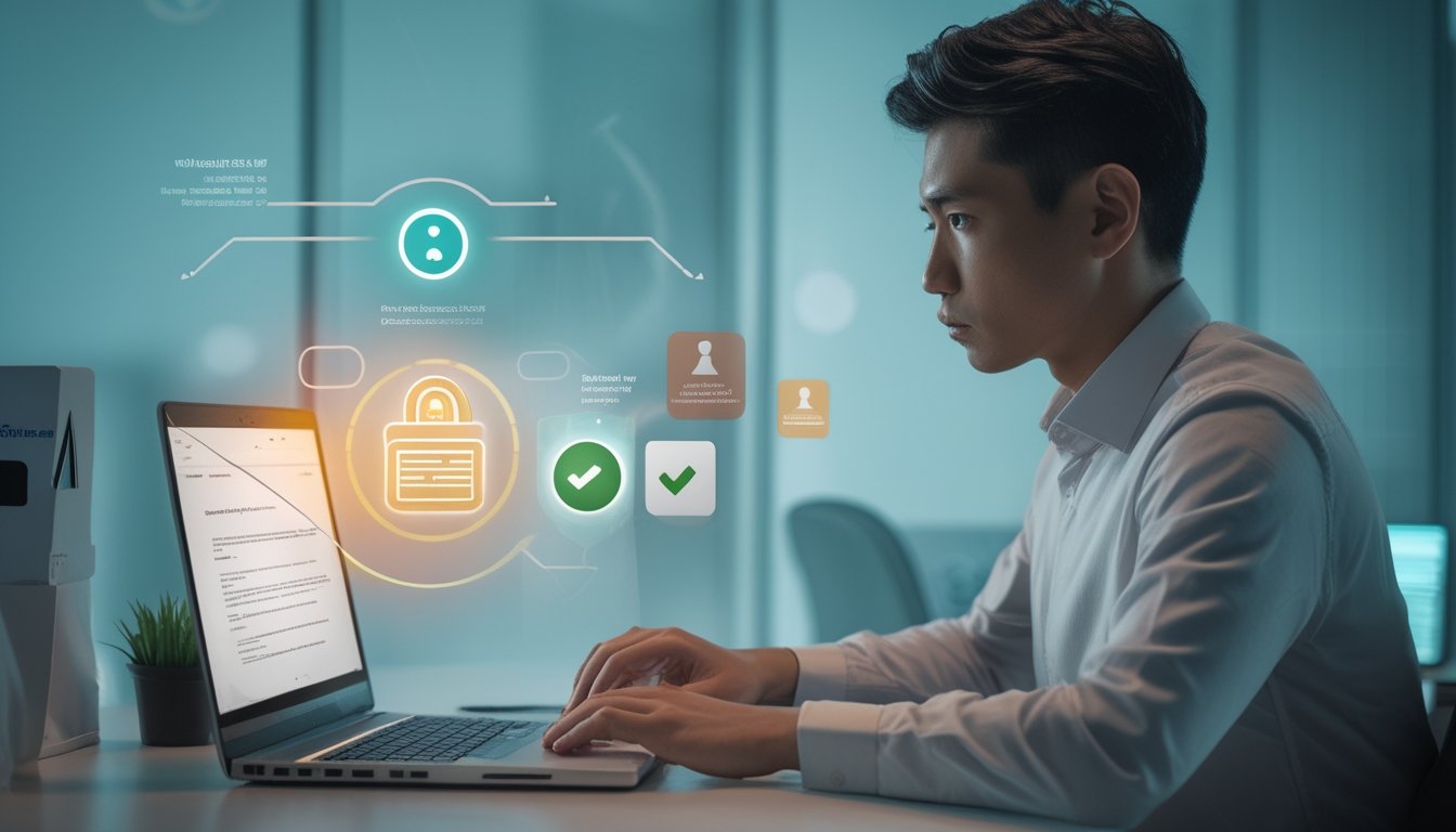 Seorang profesional memeriksa platform daring dengan simbol perisai, kunci, dan tanda verifikasi di laptop.