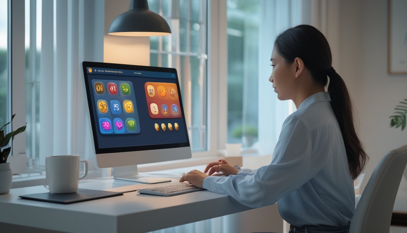 Seorang pemula mempelajari permainan kasino online di laptop sambil mencatat dan menghitung anggaran di meja kerja.